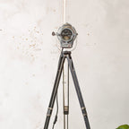 Vintage small Ianiro Spotlight Floor Lamp – 1950s Studio Light on Zeiss Ikon Tripod – Polished Aluminum – Adjustable to Desklamp