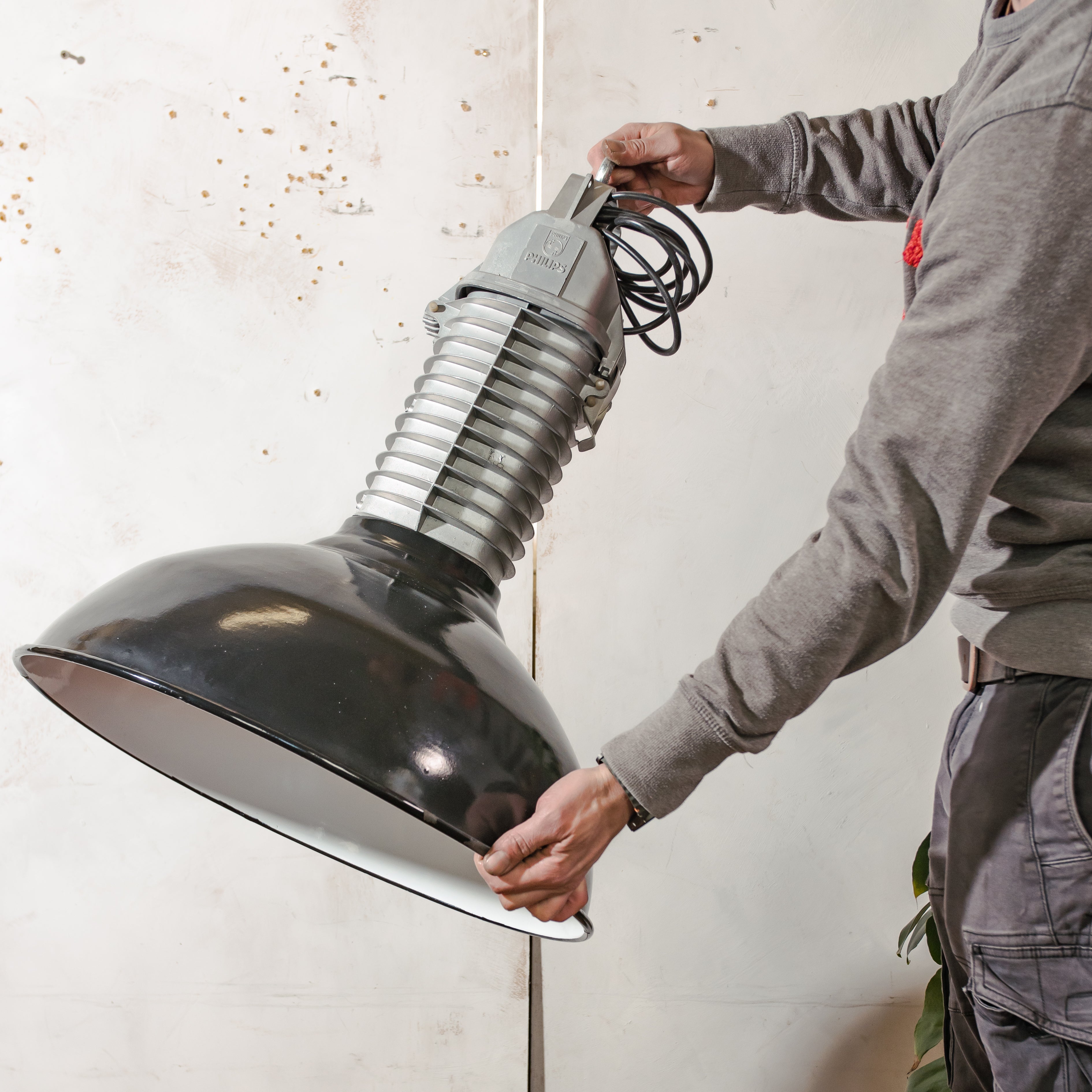 Vintage Philips HDK Series Industrial Pendant Light, Black Enamel Shade Factory Lamp, 1950s - LOW Shades - renovated