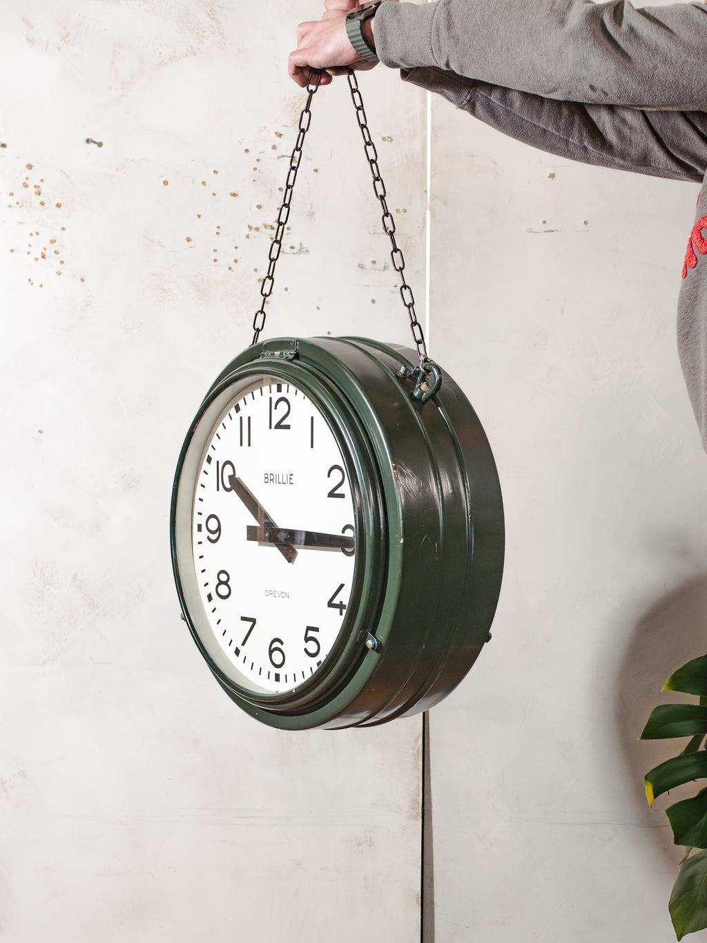 Large Vintage Brillié Drevon Double Sided Station Clock, 48cm French Railway Clock, Industrial Green Clock, Original 30 sec Pulse Movement