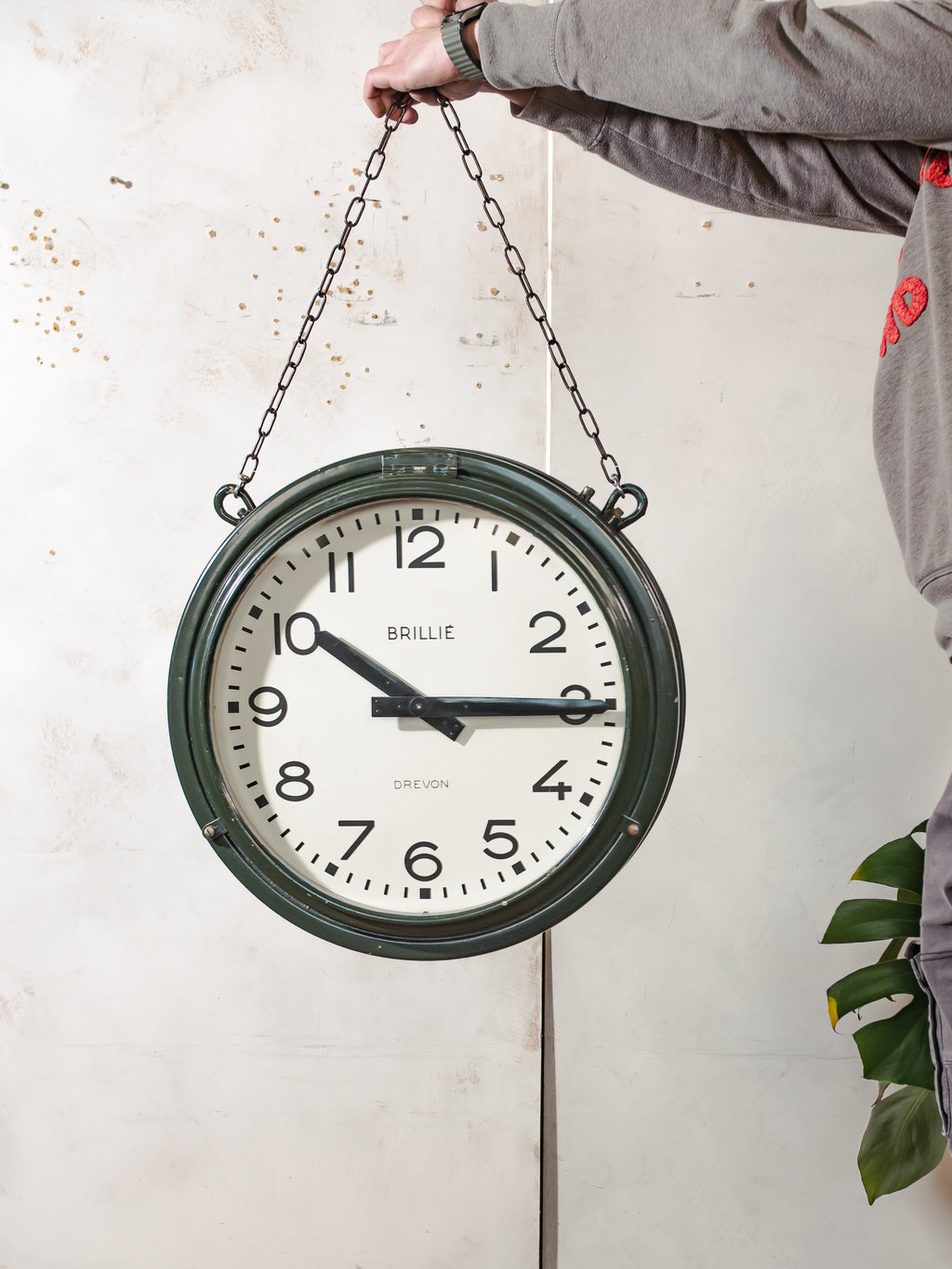 Large Vintage Brillié Drevon Double Sided Station Clock, 48cm French Railway Clock, Industrial Green Clock, Original 30 sec Pulse Movement