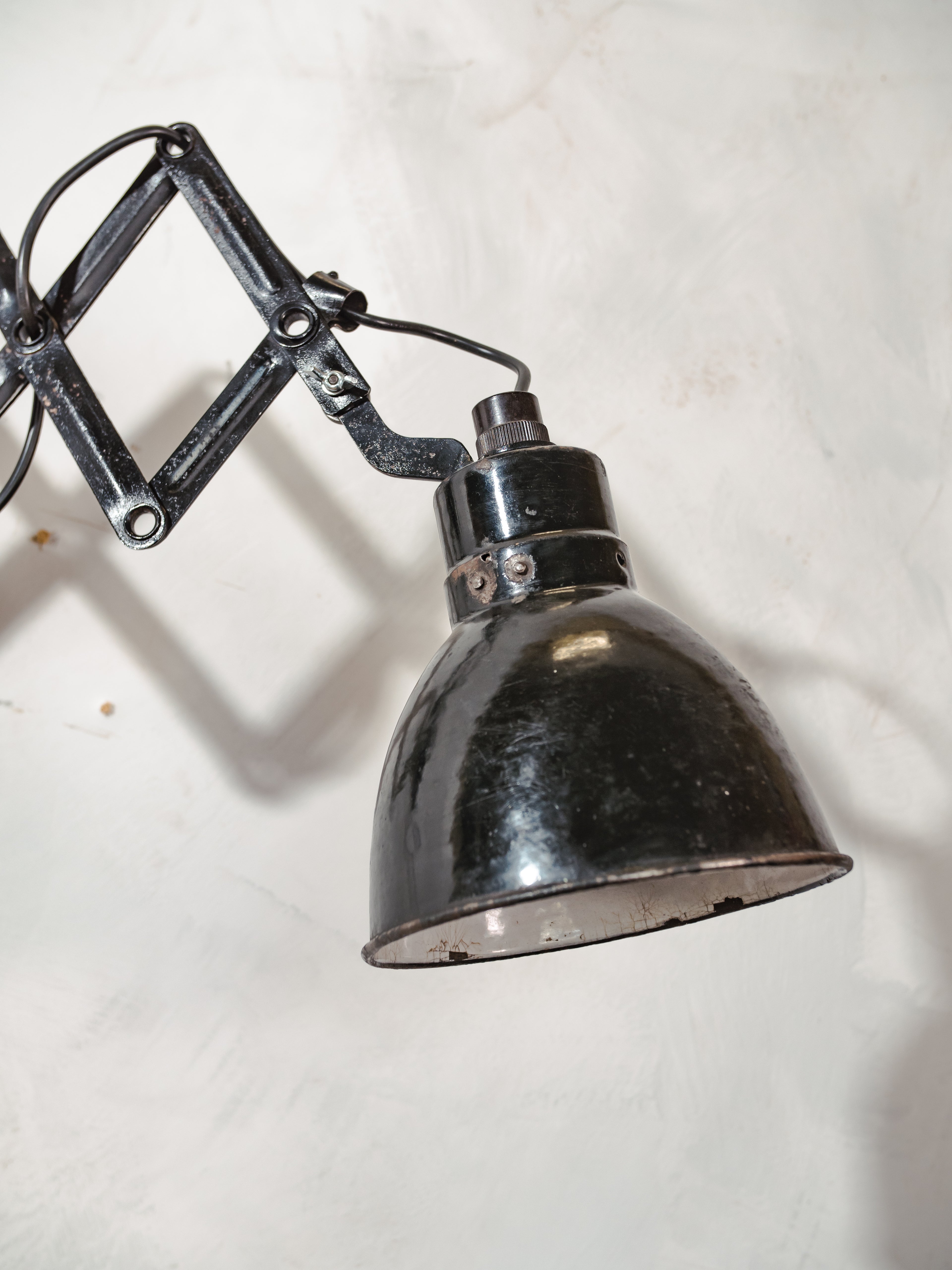 Black 1950s Scissor Lamp by Elektroinstala Decín | Enamel shade | Industrial Extendable Accordion Wall Light