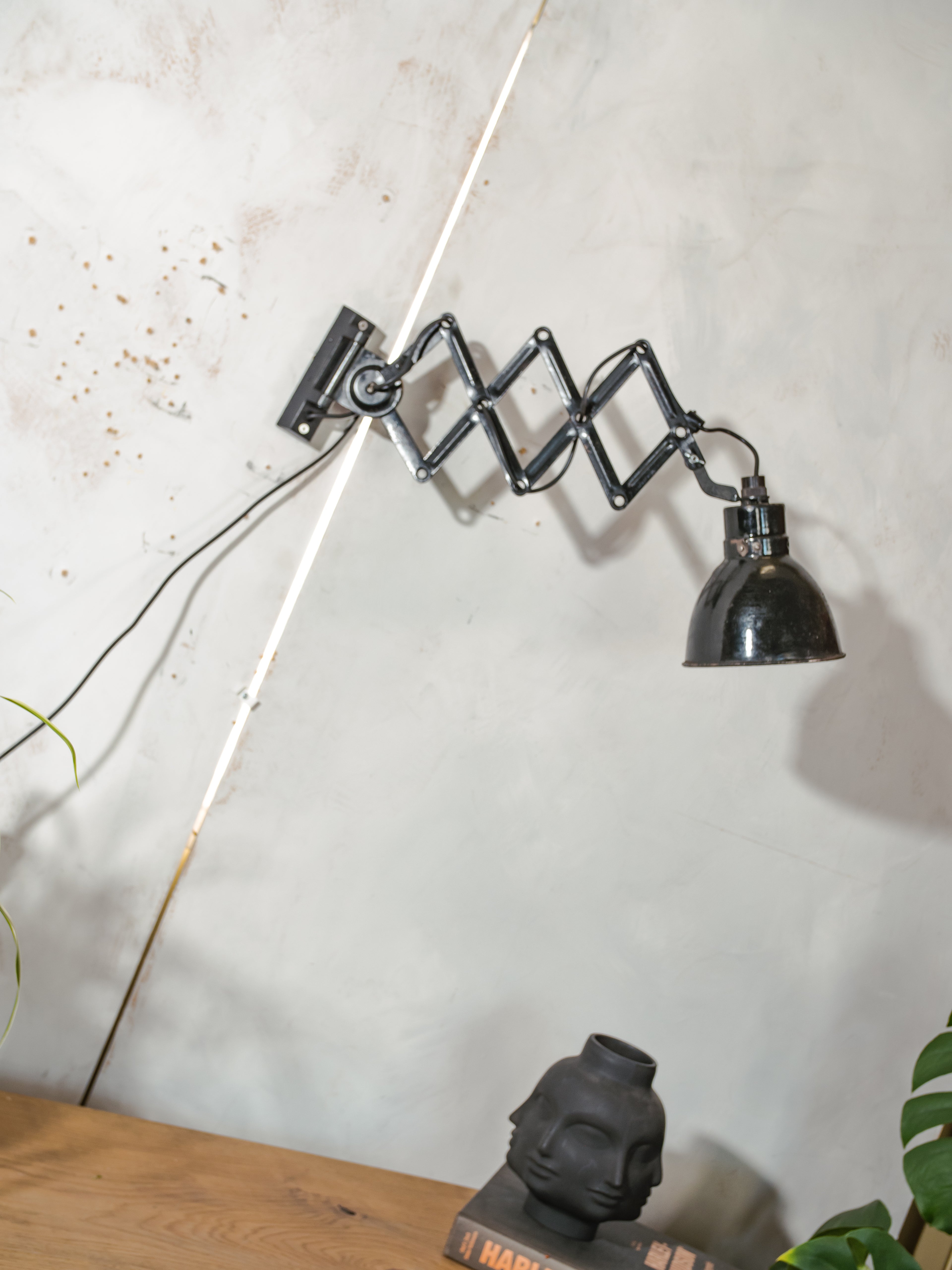 Black 1950s Scissor Lamp by Elektroinstala Decín | Enamel shade | Industrial Extendable Accordion Wall Light