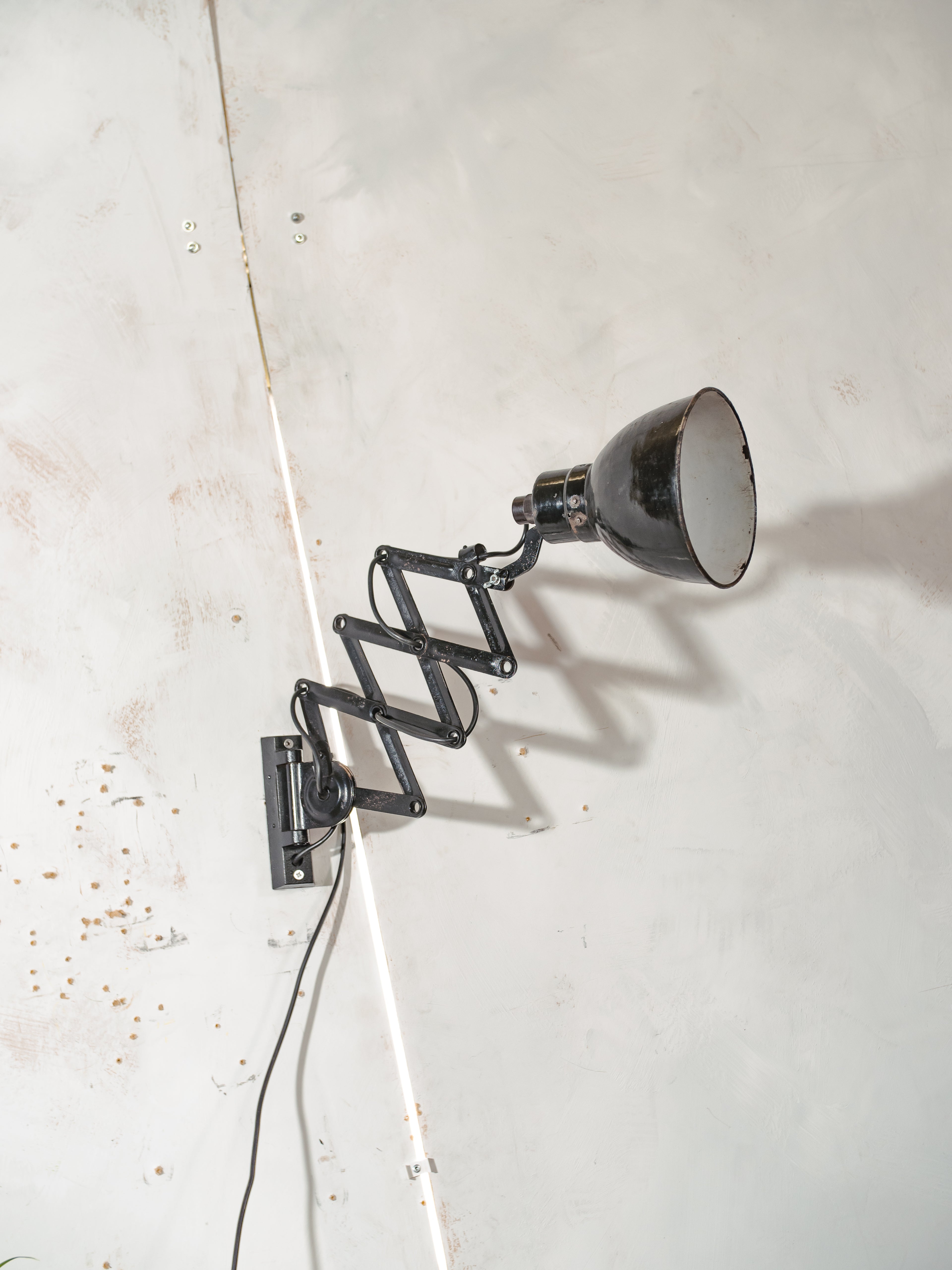 Black 1950s Scissor Lamp by Elektroinstala Decín | Enamel shade | Industrial Extendable Accordion Wall Light