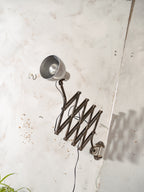 1930s Army Green Patina Scissor Lamp by Hala, Vintage Workshop Harmonica Light, Bauhaus H. Th. J. A. Busquet Lighting