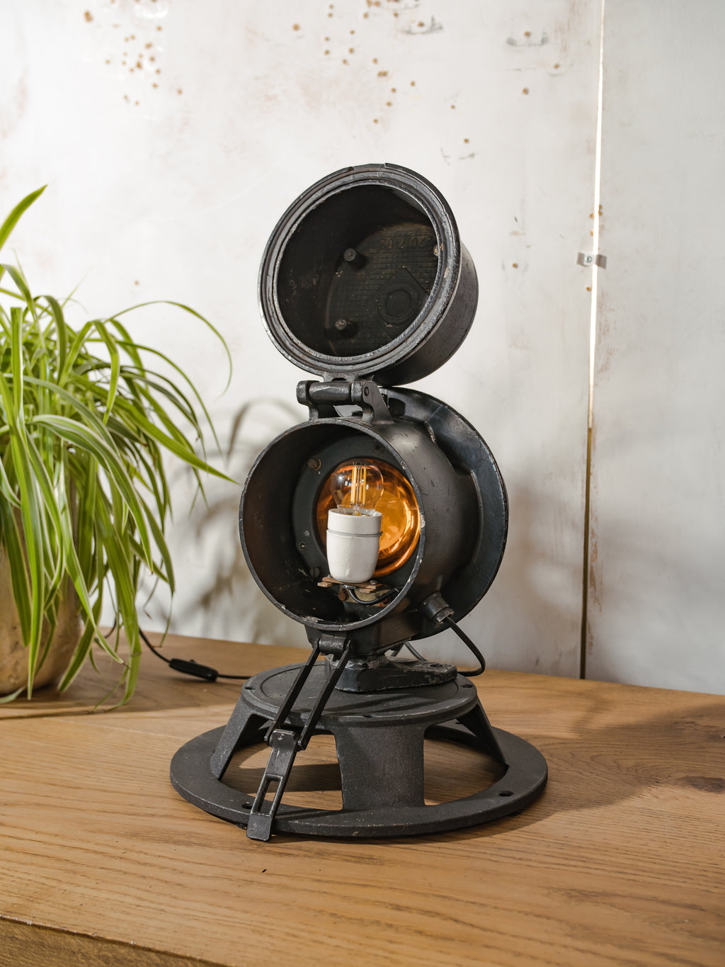 Industrial DDR Railroad Signal Spotlight Desk lamp, Vintage desk Light, Telesig Berlin, Orange Lens