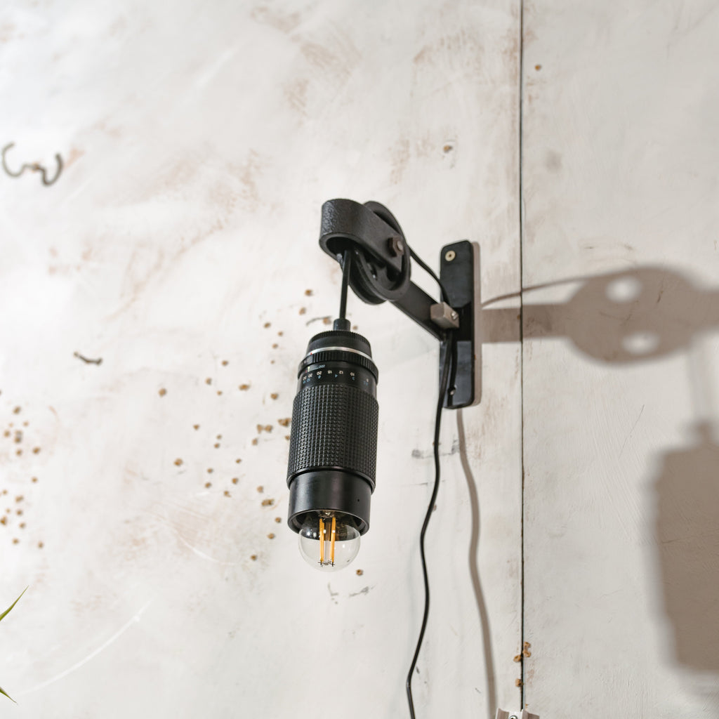 Repurposed LENS Wall lamp, Photo camera 80-200 mm RMC Tokina lighting, Upcycling Pulley light, gift for Photographers