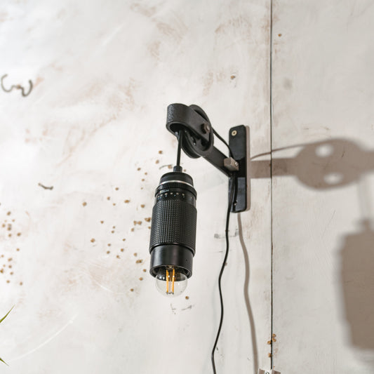 Repurposed LENS Wall lamp, Photo camera 80-200 mm RMC Tokina lighting, Upcycling Pulley light, gift for Photographers