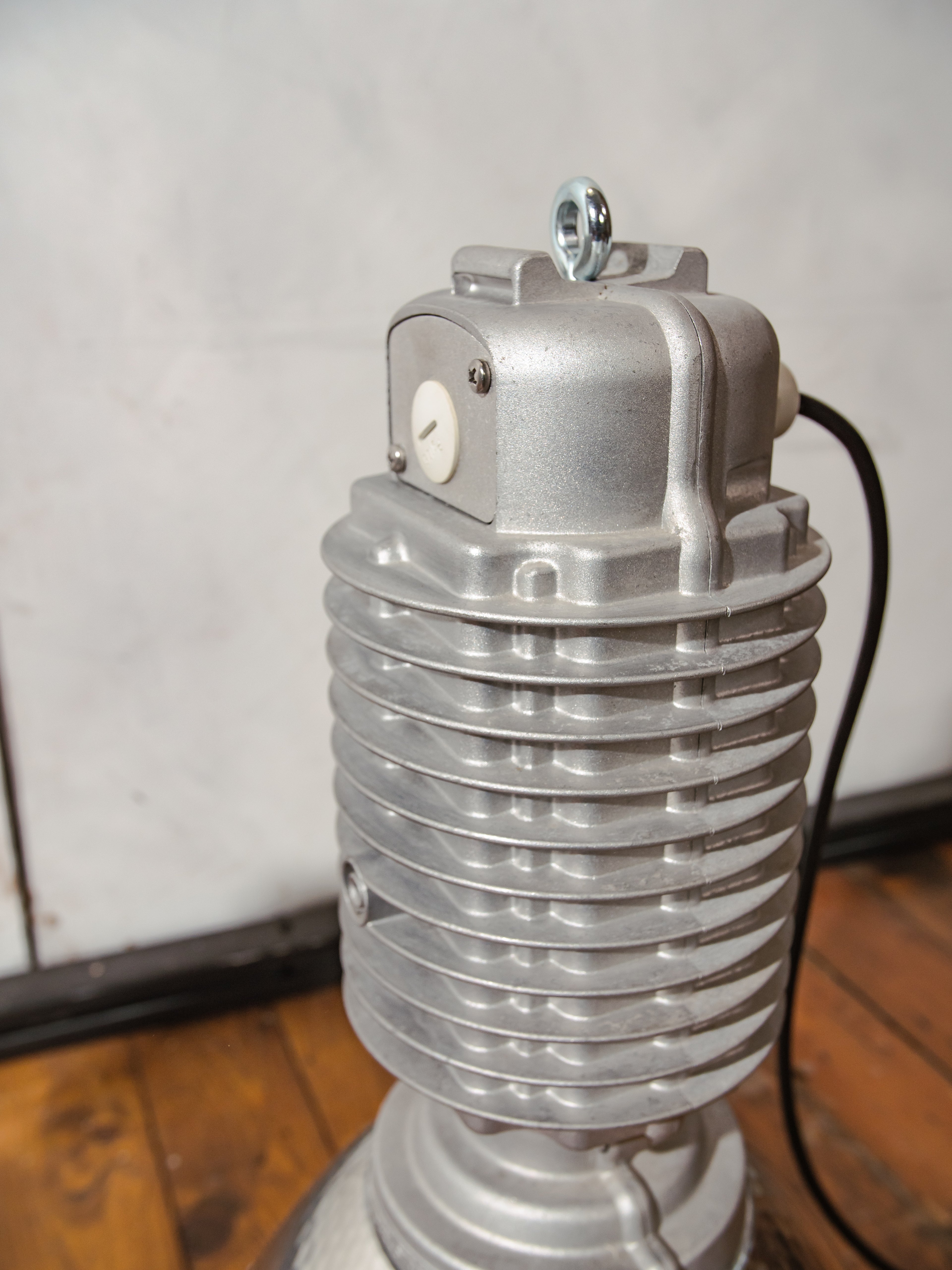 1980s Zumtobel Staff Pendant Lamp by Charles Keller, Original Industrial Designer Light, Silver shade, Austrian Vintage Lighting