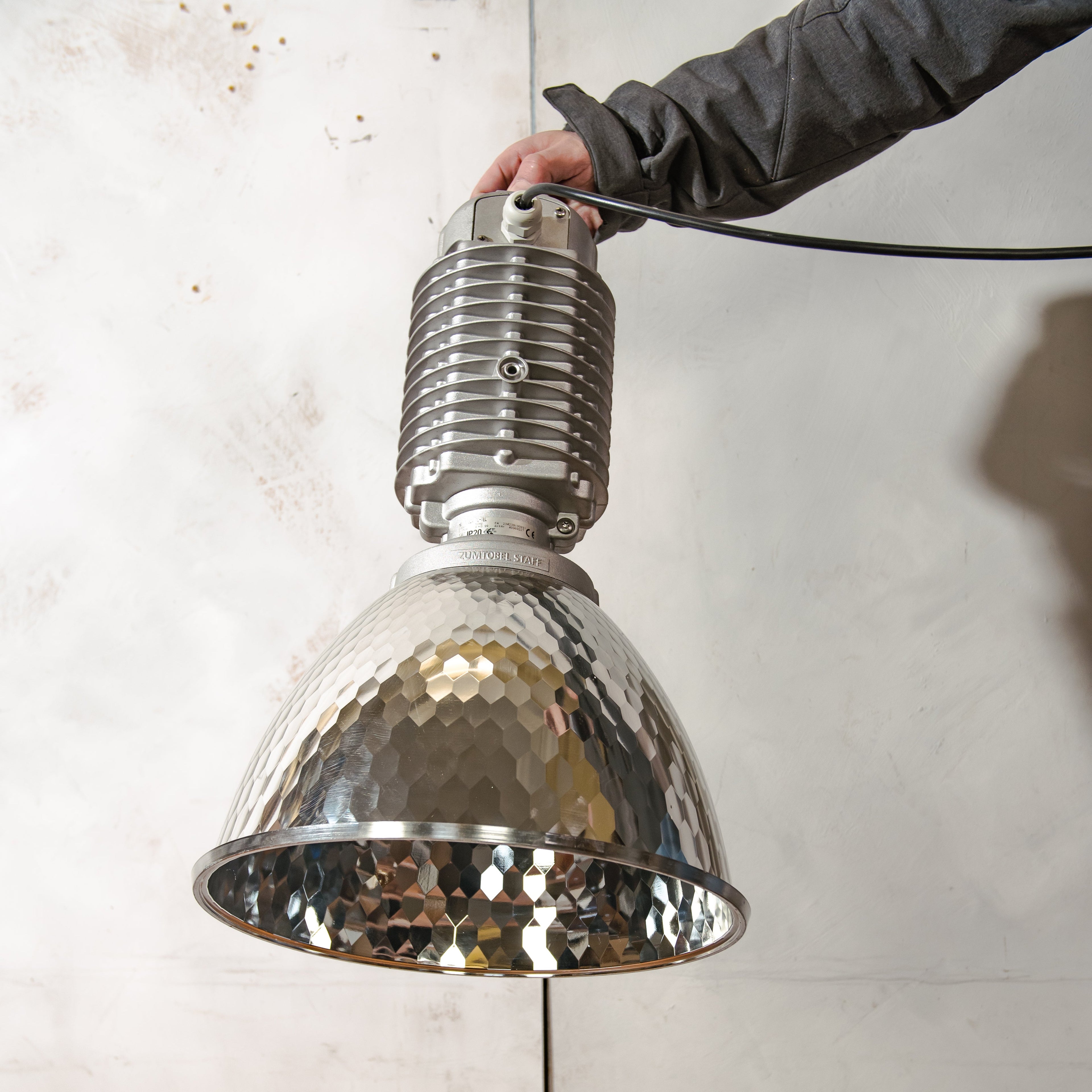 1980s Zumtobel Staff Pendant Lamp by Charles Keller, Original Industrial Designer Light, Silver shade, Austrian Vintage Lighting