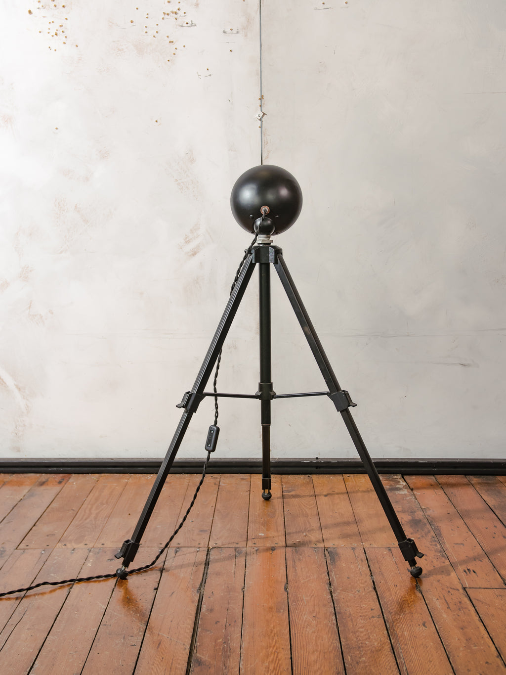 Vintage black Headlight Table Lamp on Photography Tripod, Adjustable to FloorLamp, Spotlight Light