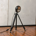 Vintage black Headlight Table Lamp on Photography Tripod, Adjustable to FloorLamp, Spotlight Light