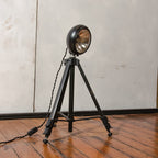 Vintage black Headlight Table Lamp on Photography Tripod, Adjustable to FloorLamp, Spotlight Light