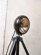 Vintage black Headlight Table Lamp on Photography Tripod, Adjustable to FloorLamp, Spotlight Light
