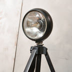 Vintage black Headlight Table Lamp on Photography Tripod, Adjustable to FloorLamp, Spotlight Light