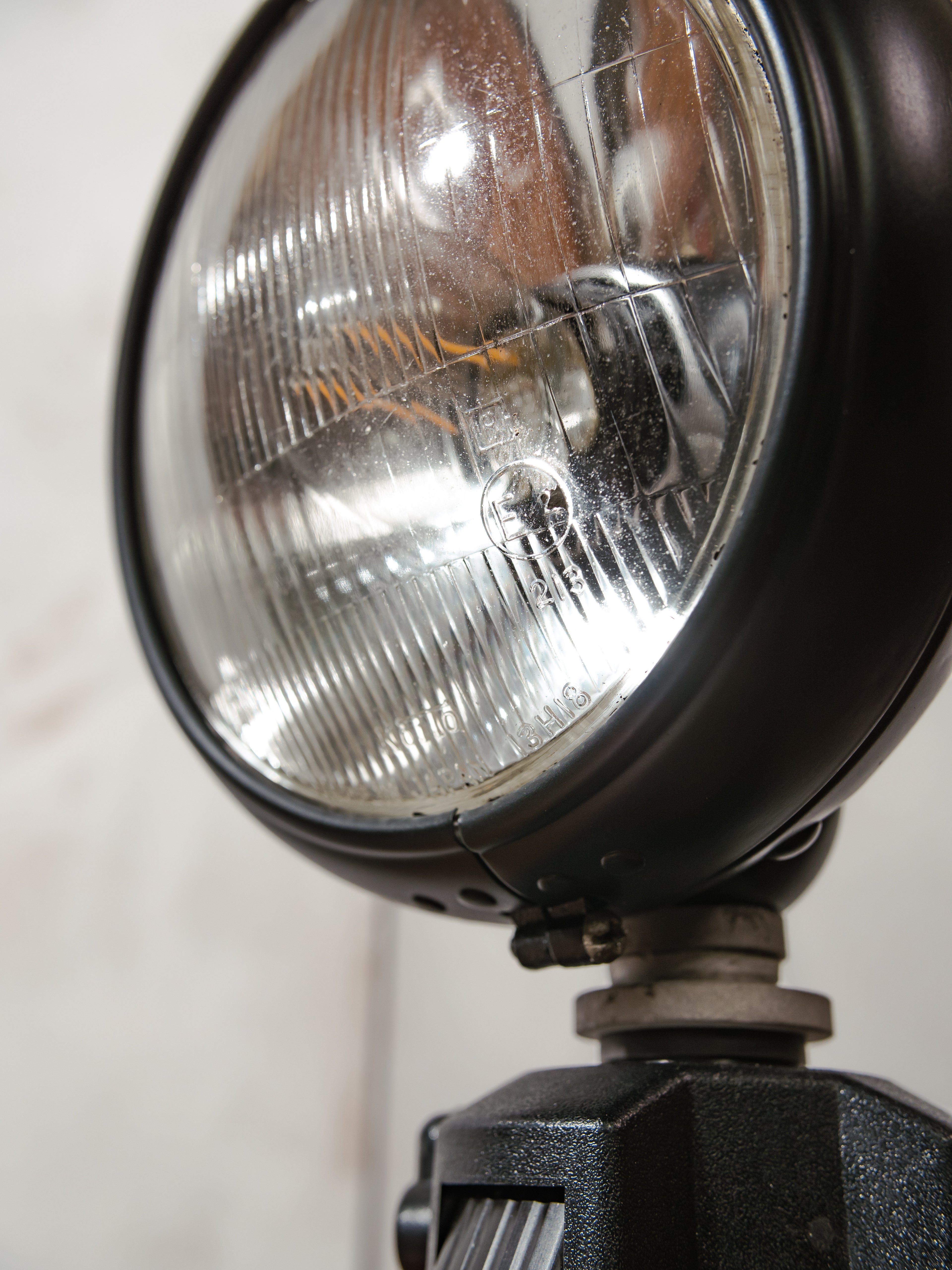Vintage black Headlight Table Lamp on Photography Tripod, Adjustable to FloorLamp, Spotlight Light