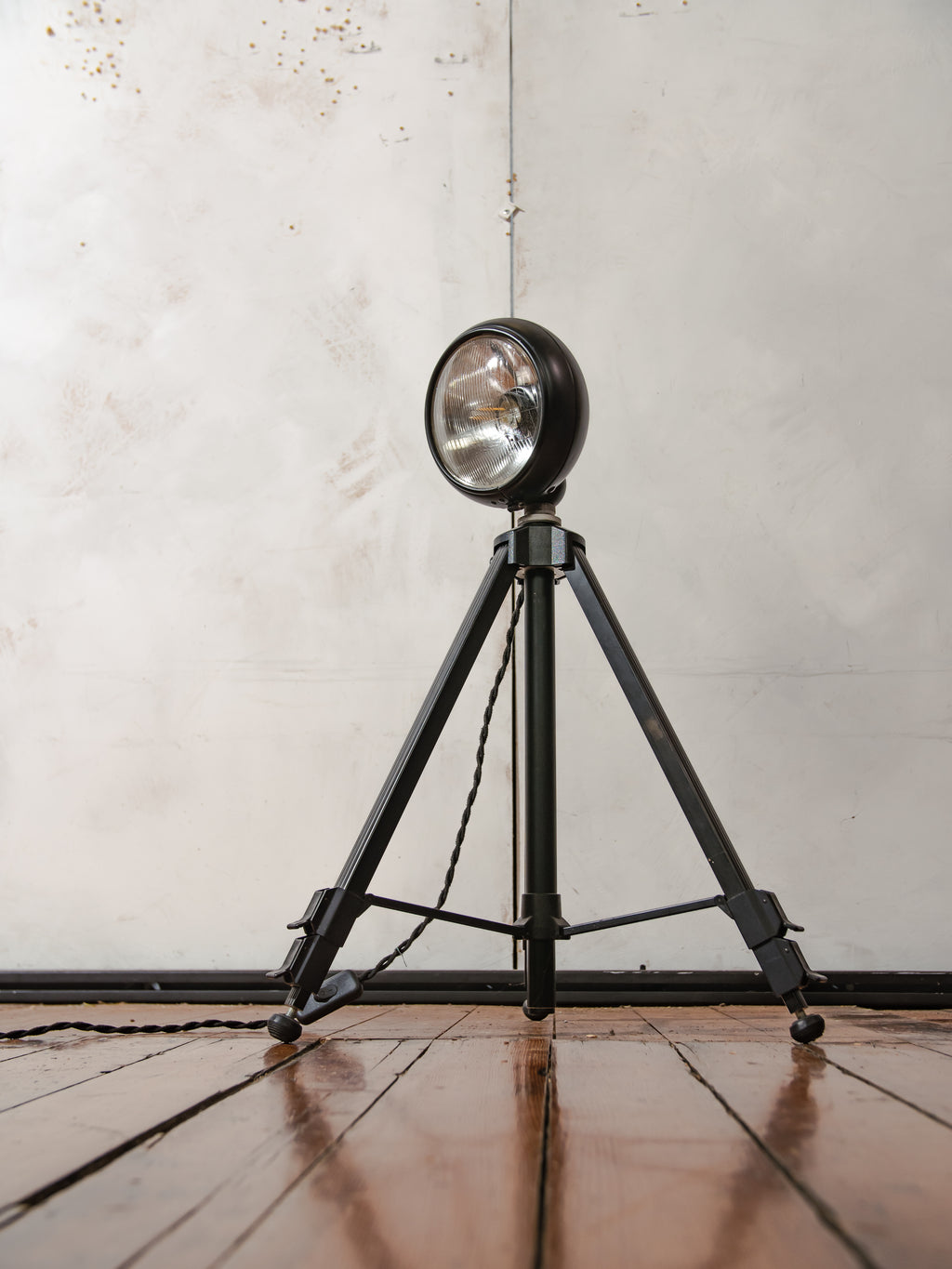 Vintage black Headlight Table Lamp on Photography Tripod, Adjustable to FloorLamp, Spotlight Light