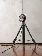 Vintage black Headlight Table Lamp on Photography Tripod, Adjustable to FloorLamp, Spotlight Light