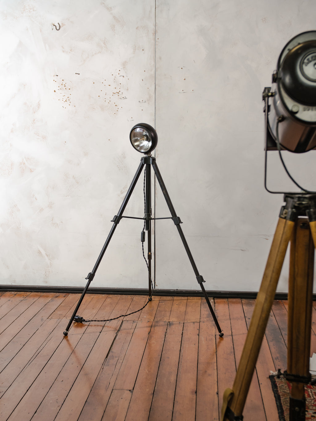 Vintage black Headlight Table Lamp on Photography Tripod, Adjustable to FloorLamp, Spotlight Light
