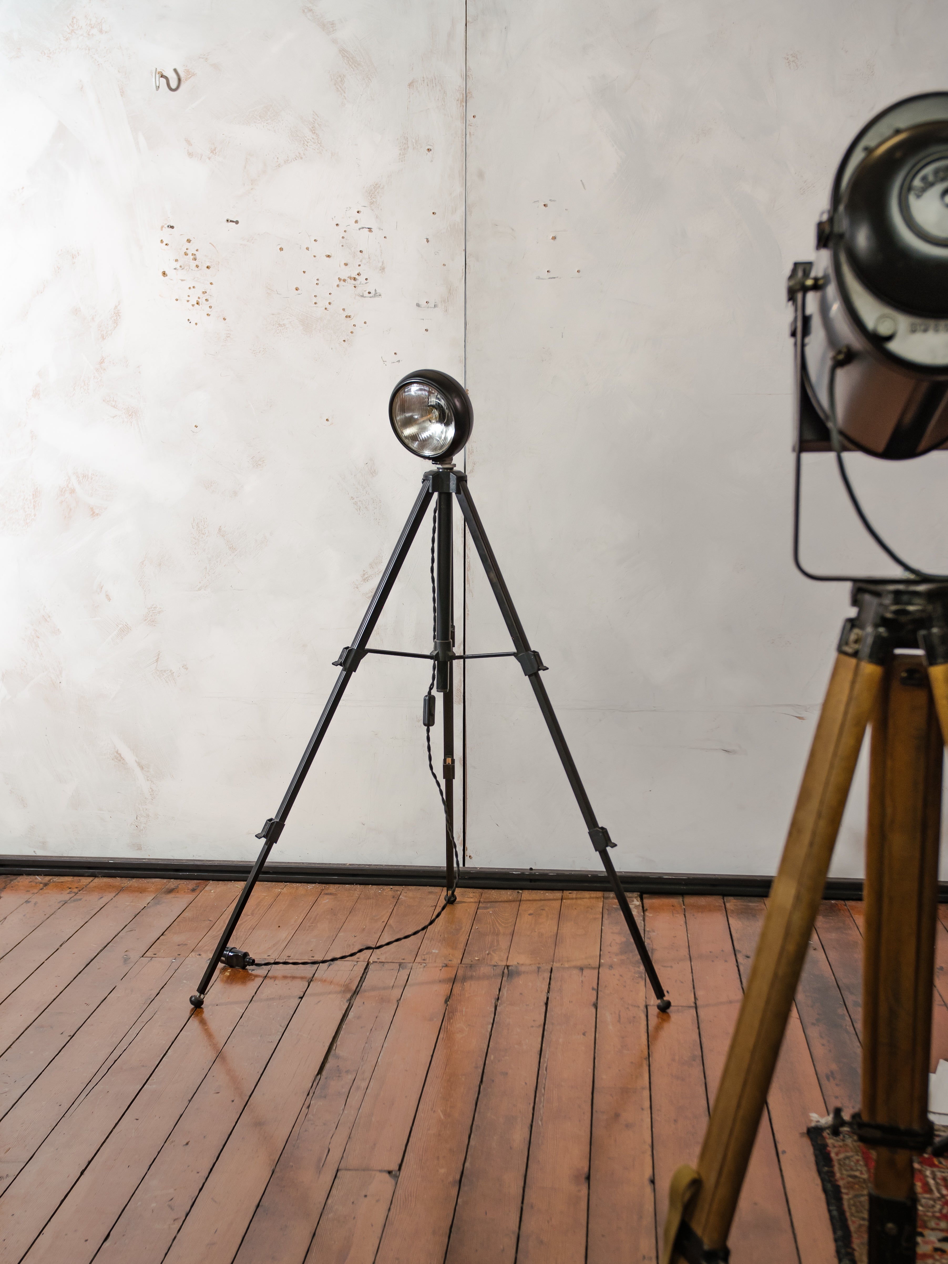 Vintage black Headlight Table Lamp on Photography Tripod, Adjustable to FloorLamp, Spotlight Light