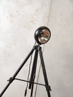 Vintage black Headlight Table Lamp on Photography Tripod, Adjustable to FloorLamp, Spotlight Light