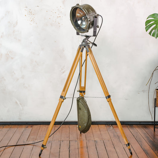 Vintage Military Leopard 1 Tank Searchlight Dutch Army on Wooden Tripod | Industrial Floor lamp Spotlight | Industrial statement Lighting