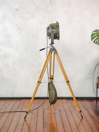 Vintage Military Leopard 1 Tank Searchlight Dutch Army on Wooden Tripod | Industrial Floor lamp Spotlight | Industrial statement Lighting