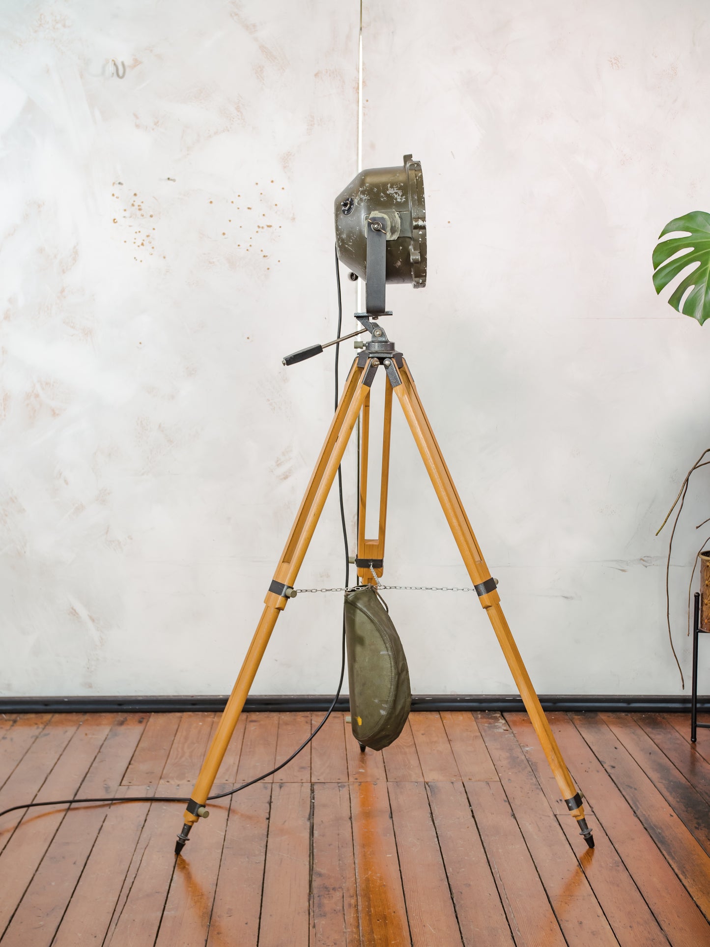 Vintage Military Leopard 1 Tank Searchlight Dutch Army on Wooden Tripod | Industrial Floor lamp Spotlight | Industrial statement Lighting