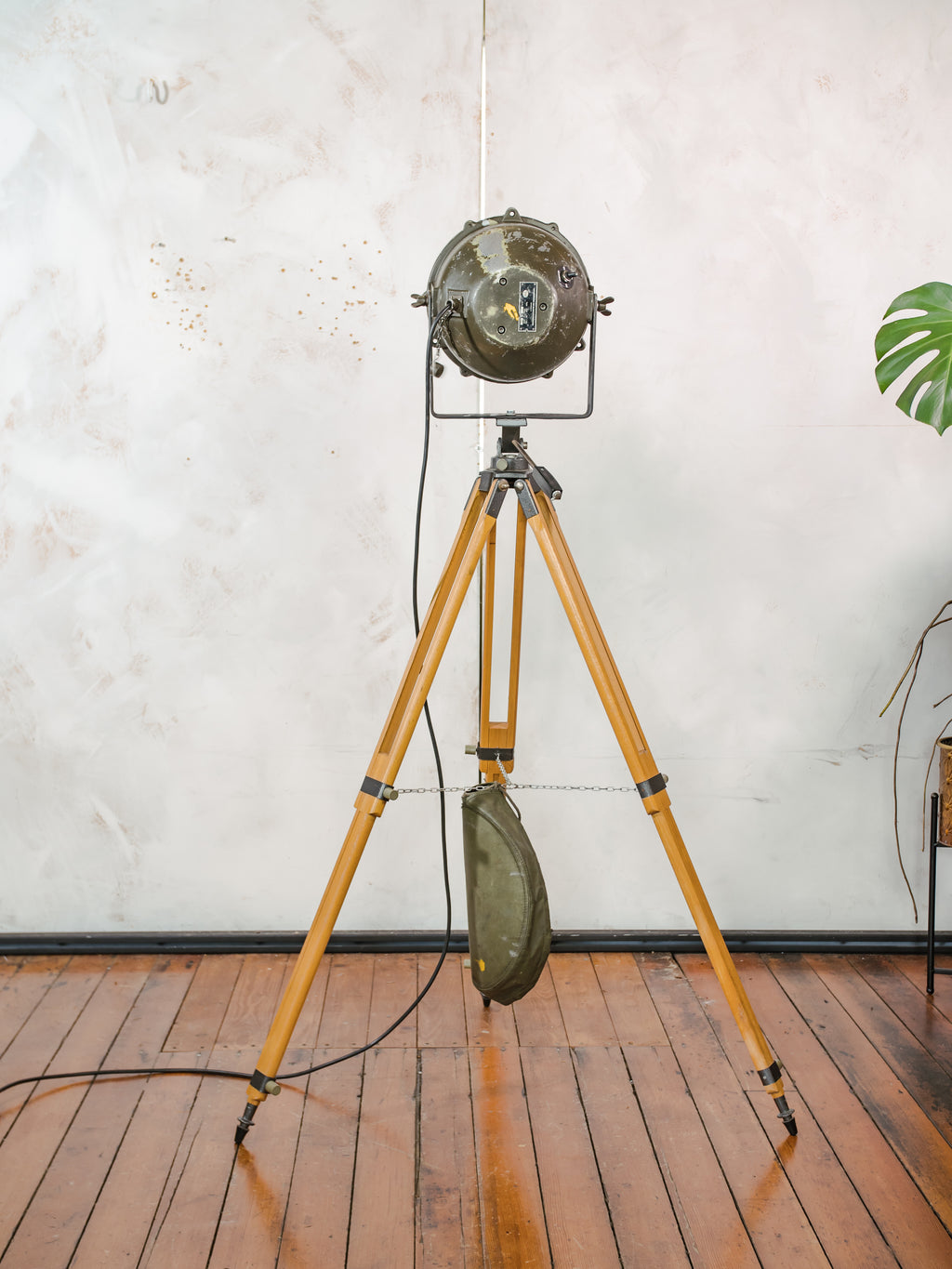 Vintage Military Leopard 1 Tank Searchlight Dutch Army on Wooden Tripod | Industrial Floor lamp Spotlight | Industrial statement Lighting