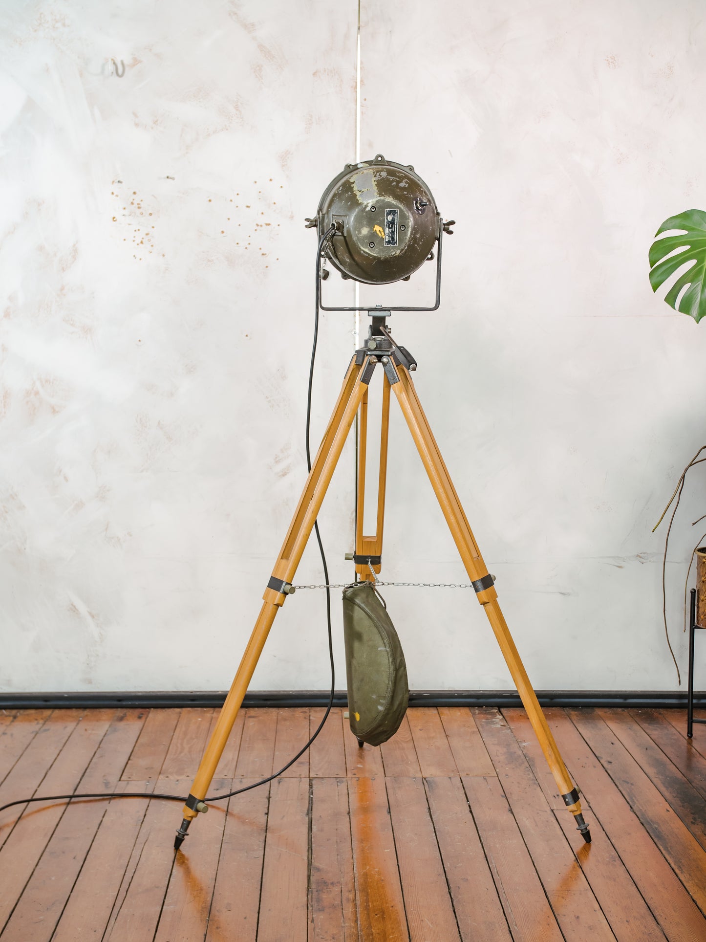 Vintage Military Leopard 1 Tank Searchlight Dutch Army on Wooden Tripod | Industrial Floor lamp Spotlight | Industrial statement Lighting