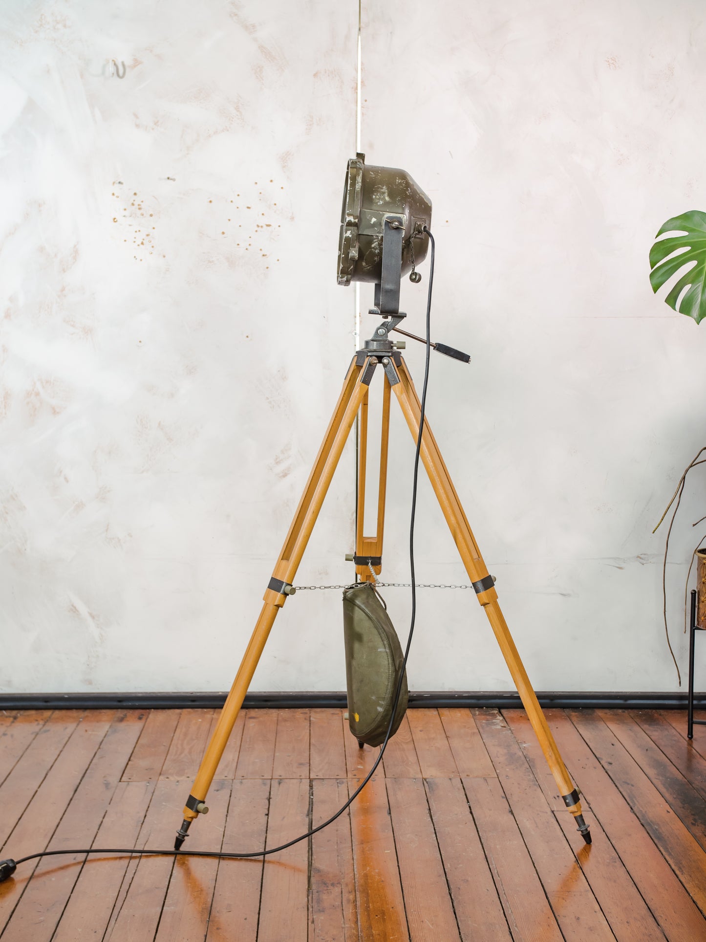 Vintage Military Leopard 1 Tank Searchlight Dutch Army on Wooden Tripod | Industrial Floor lamp Spotlight | Industrial statement Lighting