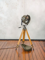 Vintage Military Leopard 1 Tank Searchlight Dutch Army on Wooden Tripod | Industrial Floor lamp Spotlight | Industrial statement Lighting