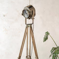 A.E. Cremer Paris Industrial Theater Floor lamp, Brown 1950s Film Projector on Wooden Survey Tripod, Loft lighting, French Antique Spotlight