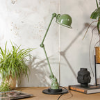 Vintage Green Jieldé Desk Lamp, 2 Arms 1950s, French Industrial Style Articulating Jielde Table light, with original Electrical Box