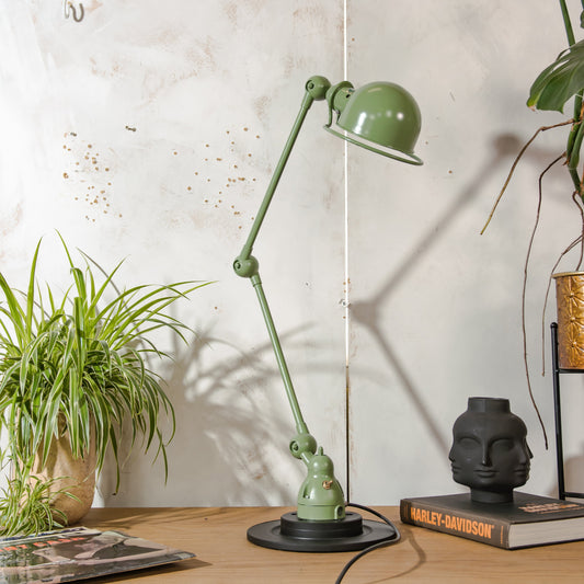 Vintage Green Jieldé Desk Lamp, 2 Arms 1950s, French Industrial Style Articulating Jielde Table light, with original Electrical Box