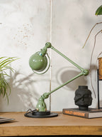 Vintage Green Jieldé Desk Lamp, 2 Arms 1950s, French Industrial Style Articulating Jielde Table light, with original Electrical Box