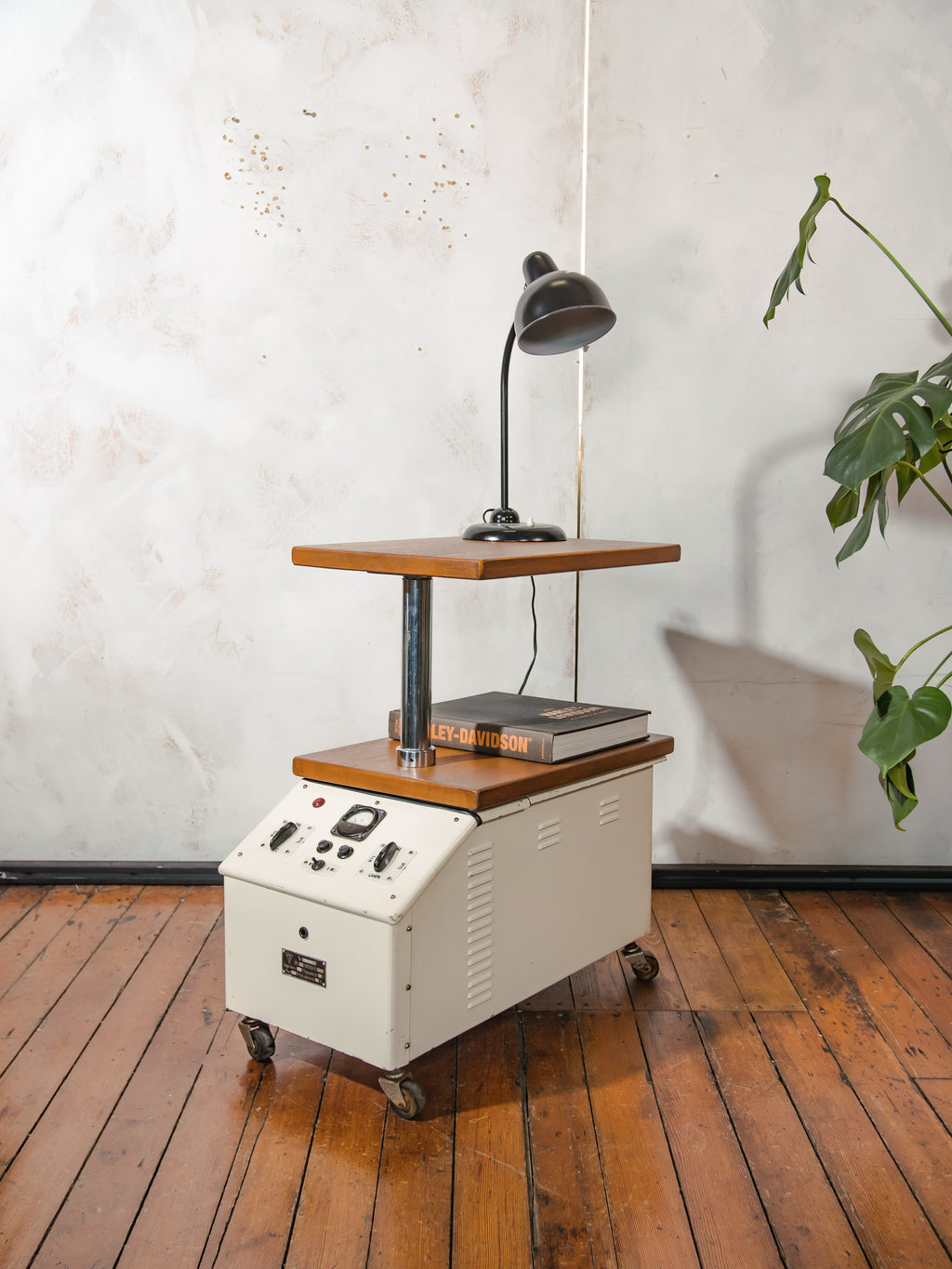 Industrial End Table Upcycled Vintage Famed 1 Surgical Cart, Double Tier Rotating Oak Tops, Hidden Storage, Rolling Multimedia & Bar stand