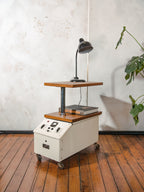 Industrial End Table Upcycled Vintage Famed 1 Surgical Cart, Double Tier Rotating Oak Tops, Hidden Storage, Rolling Multimedia & Bar stand