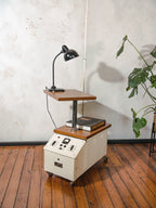 Industrial End Table Upcycled Vintage Famed 1 Surgical Cart, Double Tier Rotating Oak Tops, Hidden Storage, Rolling Multimedia & Bar stand