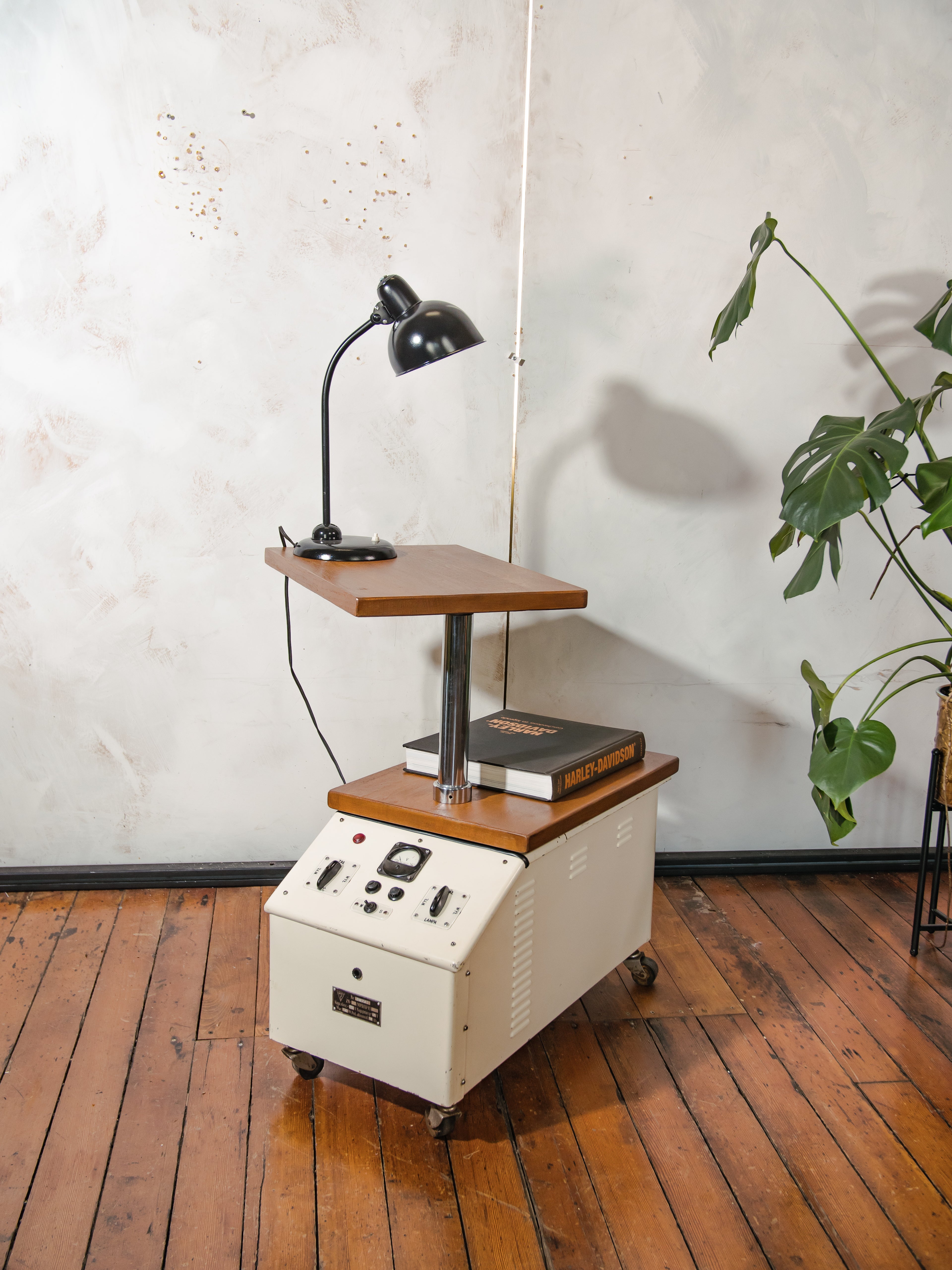 Industrial End Table Upcycled Vintage Famed 1 Surgical Cart, Double Tier Rotating Oak Tops, Hidden Storage, Rolling Multimedia & Bar stand