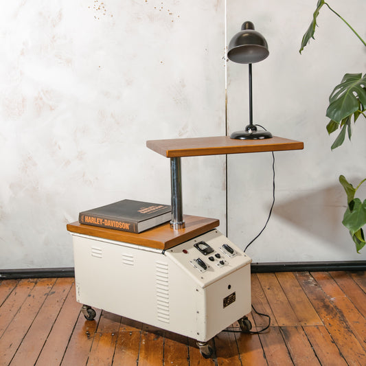 Industrial End Table Upcycled Vintage Famed 1 Surgical Cart, Double Tier Rotating Oak Tops, Hidden Storage, Rolling Multimedia & Bar stand