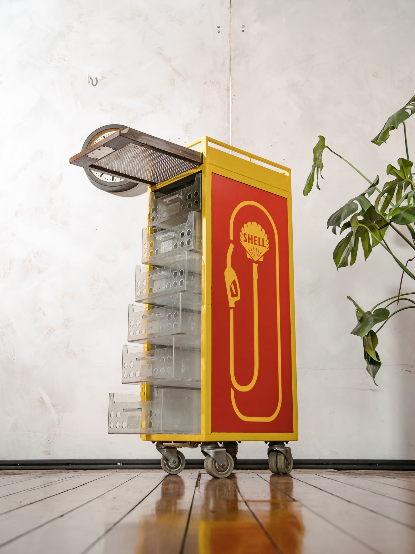 Lufthansa Airplane Trolley Upcycled, Unique Vintage Shell Gas Pump Design, Retro Aviation Storage Cabinet, Airline Galley Roling Bar Cart