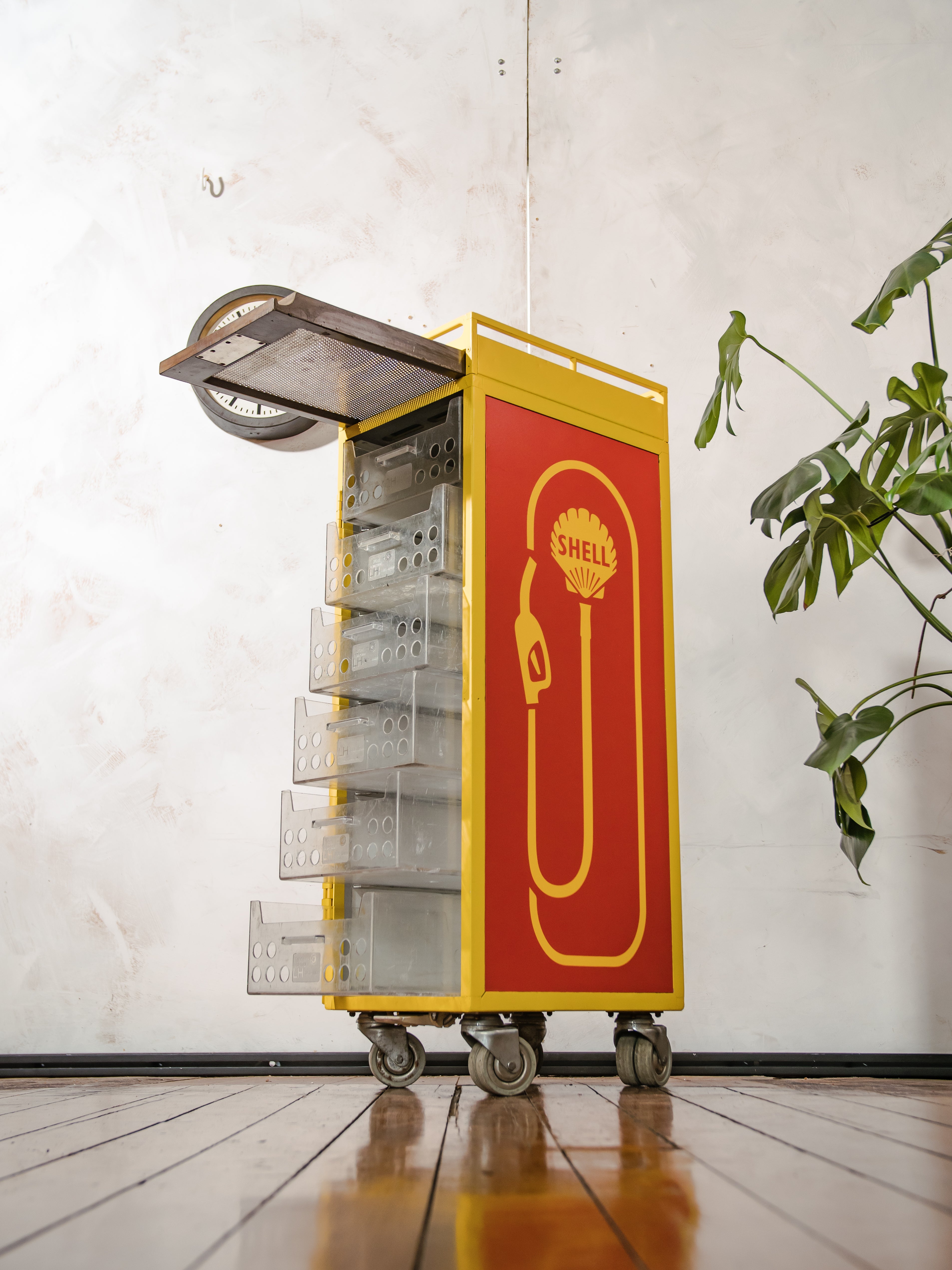 Lufthansa Airplane Trolley Upcycled, Unique Vintage Shell Gas Pump Design, Retro Aviation Storage Cabinet, Airline Galley Roling Bar Cart