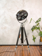 Upcycled Hanau Surgical Lamp Floor Light, Vintage Industrial Spotlight on Surveyors Tripod, 1960s Adjustable Retro Medical Design Lighting