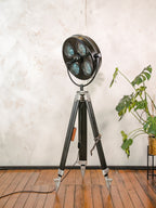 Upcycled Hanau Surgical Lamp Floor Light, Vintage Industrial Spotlight on Surveyors Tripod, 1960s Adjustable Retro Medical Design Lighting