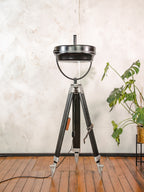 Upcycled Hanau Surgical Lamp Floor Light, Vintage Industrial Spotlight on Surveyors Tripod, 1960s Adjustable Retro Medical Design Lighting
