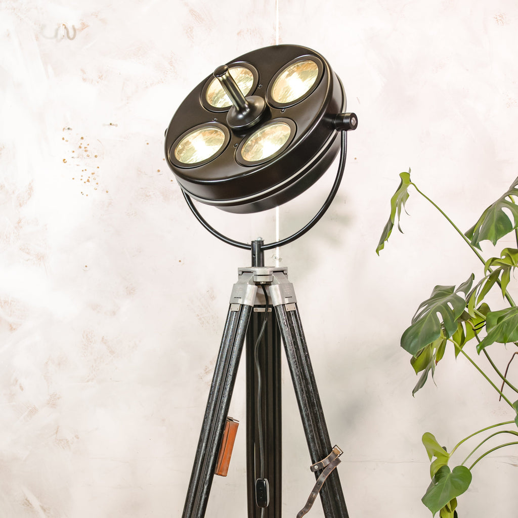Upcycled Hanau Surgical Lamp Floor Light, Vintage Industrial Spotlight on Surveyors Tripod, 1960s Adjustable Retro Medical Design Lighting