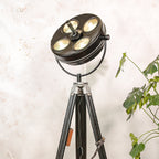 Upcycled Hanau Surgical Lamp Floor Light, Vintage Industrial Spotlight on Surveyors Tripod, 1960s Adjustable Retro Medical Design Lighting