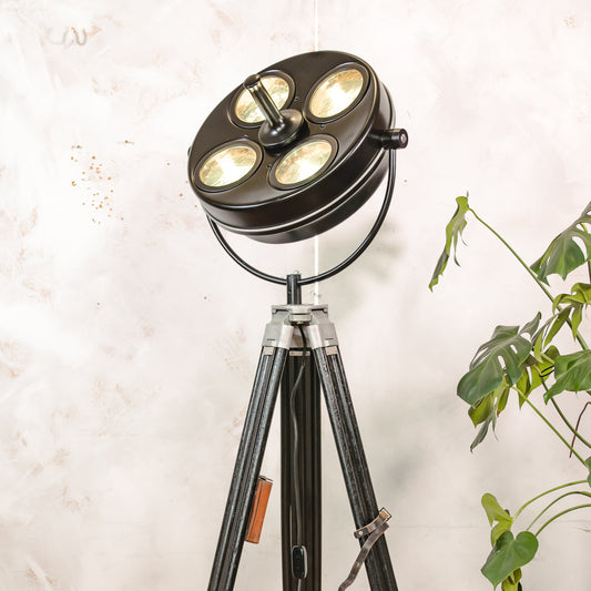 Upcycled Hanau Surgical Lamp Floor Light, Vintage Industrial Spotlight on Surveyors Tripod, 1960s Adjustable Retro Medical Design Lighting