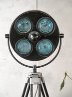 Upcycled Hanau Surgical Lamp Floor Light, Vintage Industrial Spotlight on Surveyors Tripod, 1960s Adjustable Retro Medical Design Lighting