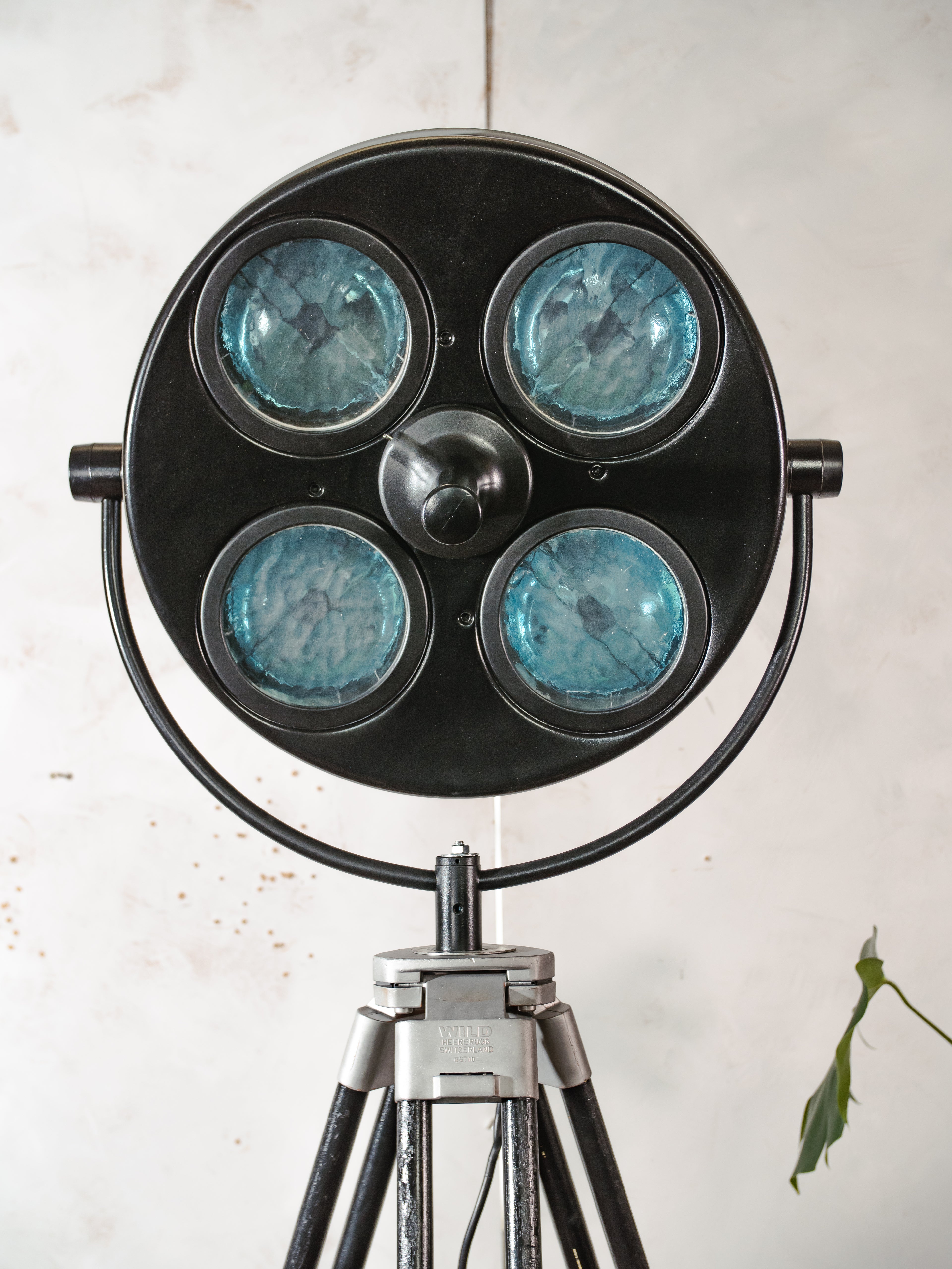 Upcycled Hanau Surgical Lamp Floor Light, Vintage Industrial Spotlight on Surveyors Tripod, 1960s Adjustable Retro Medical Design Lighting